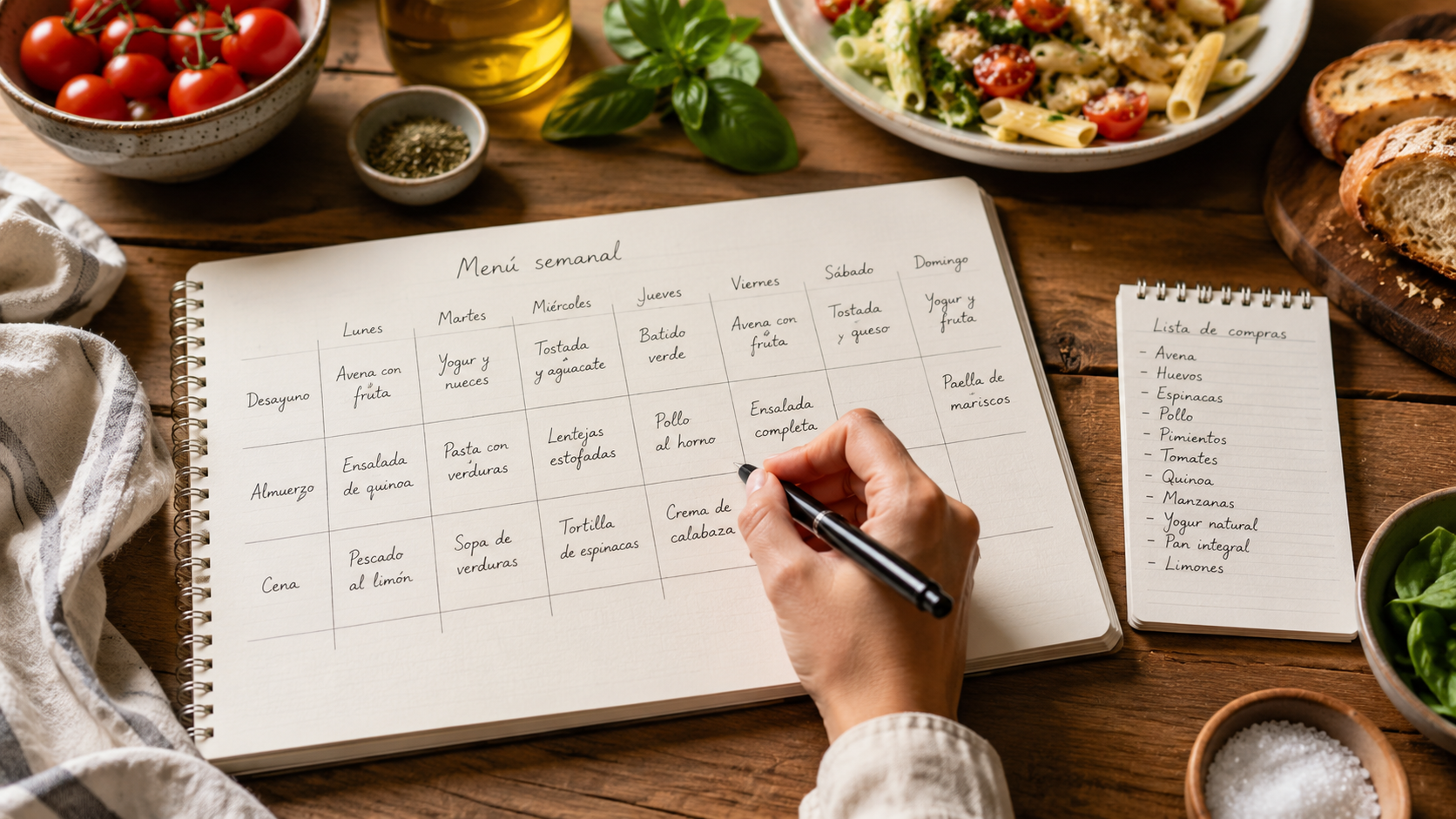 Calendario semanal con planificación de comidas y lista de compra