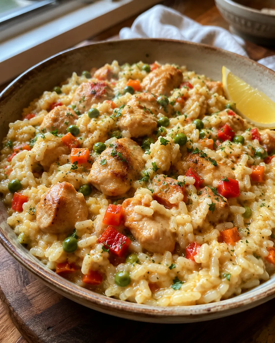 arroz cremoso con pollo y verduras en una sartén