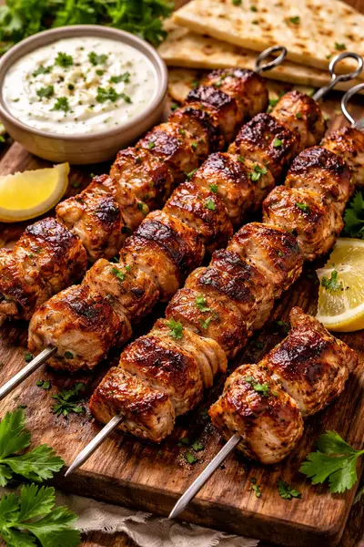 Brochetas de cerdo marinadas con cebolla y limón con salsa de ajo casera