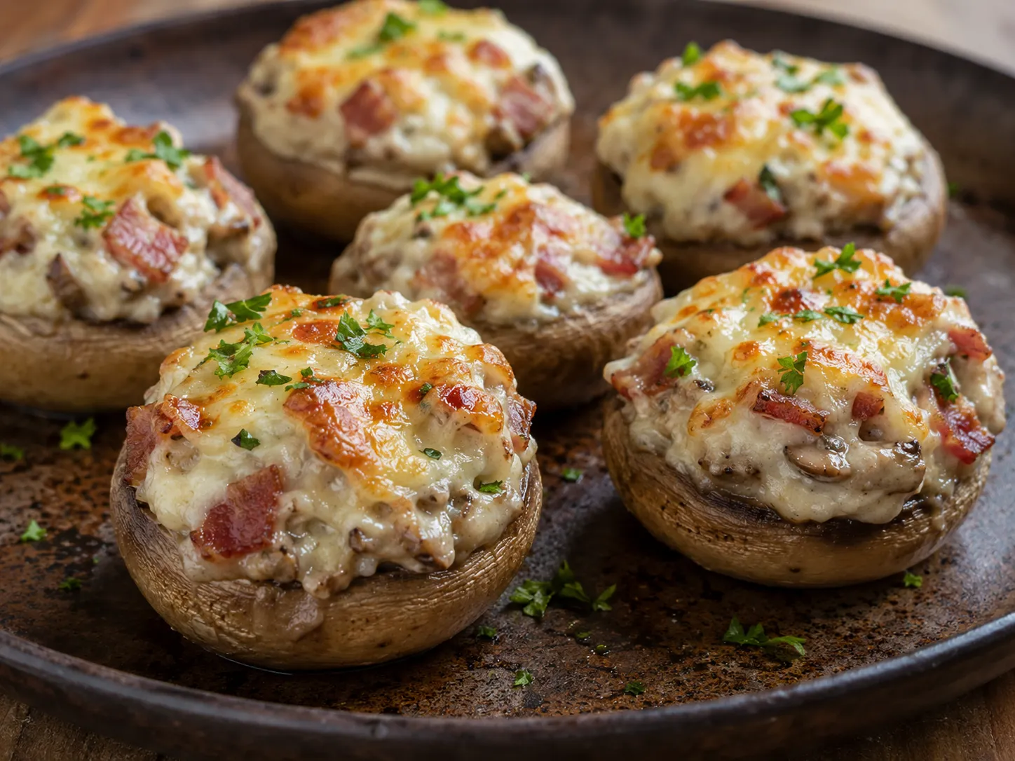 Champiñones rellenos de queso crema, bacon y gratinados