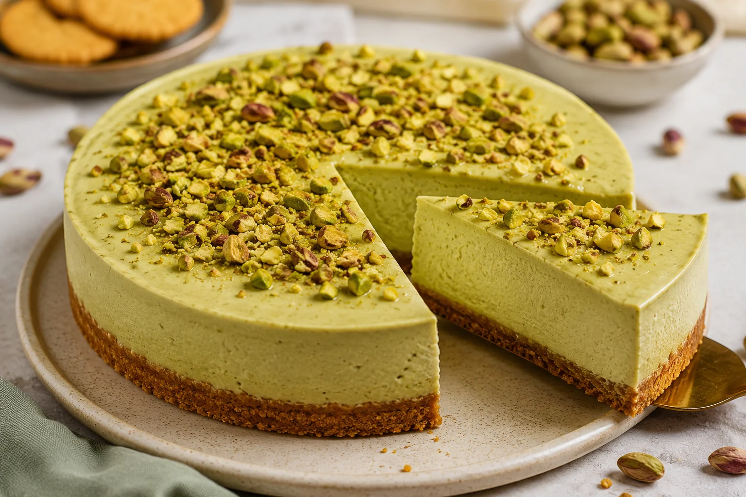 cheesecake de pistacho cremosa decorada con pistachos triturados