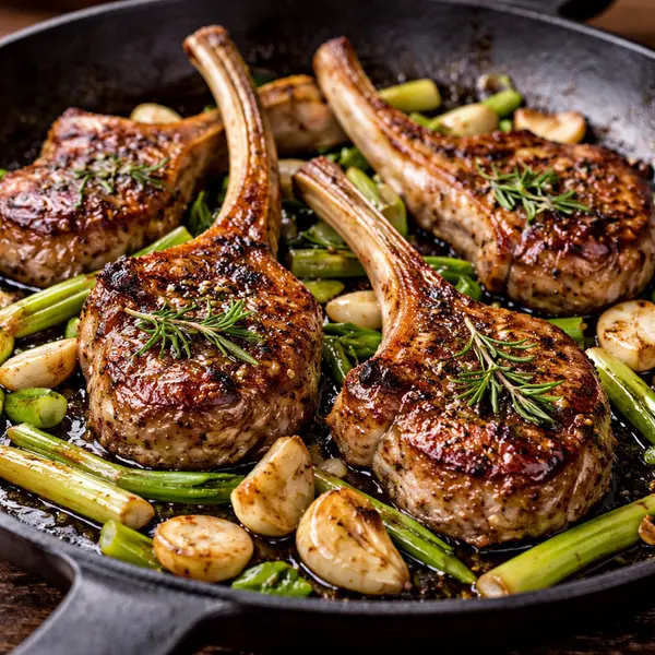 Chuletas de cordero a la plancha con ajos tiernos y romero