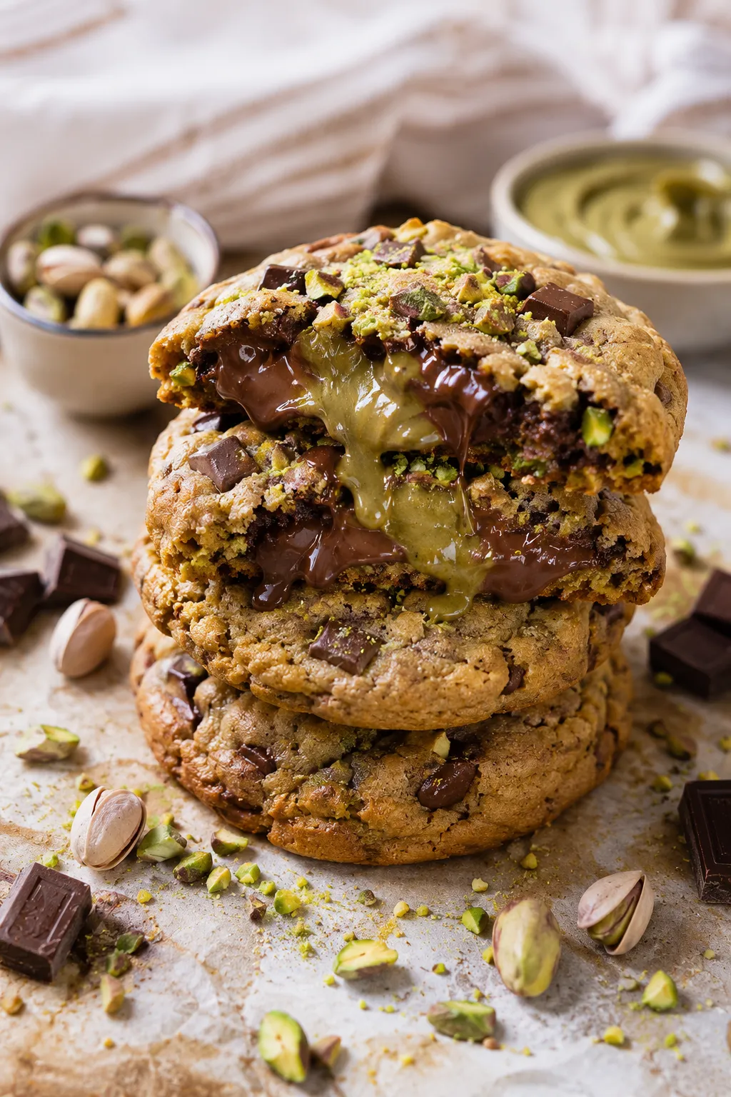 Cookies New York de pistacho rellenas de chocolate fundido