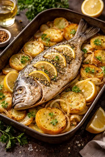 Dorada al horno con patatas y cebolla