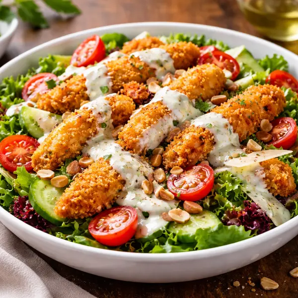 Ensalada de pollo crujiente con salsa de yogur y limón