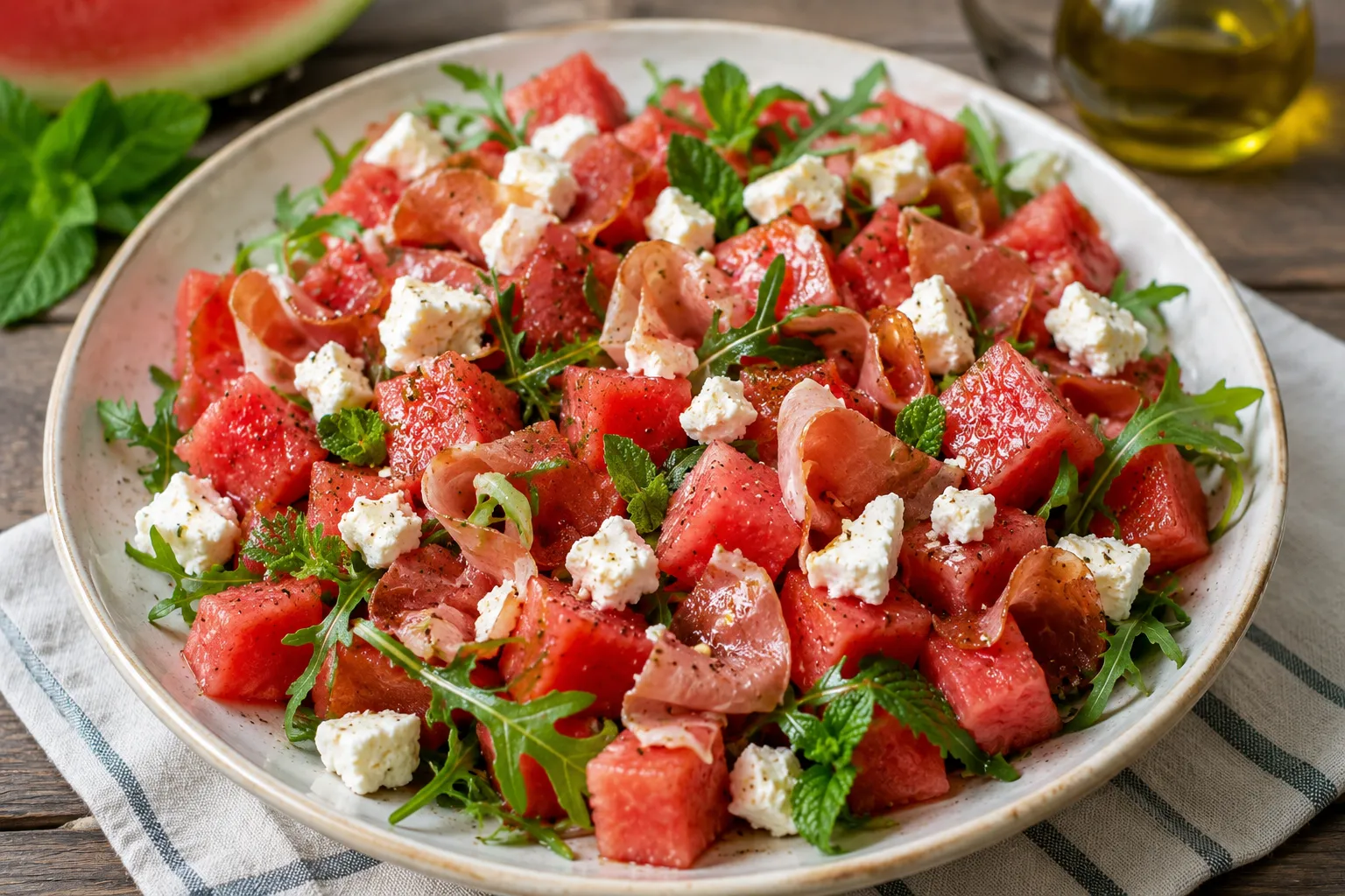 Ensalada de sandía con jamón serrano y queso feta