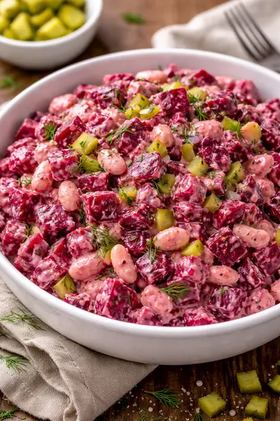 Ensaladilla de remolacha cremosa con alubias, pepinillos y mostaza