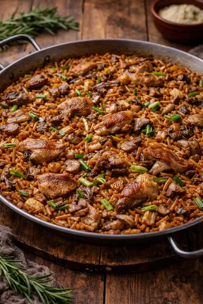 Fideuà de pato confitado con setas y ajos tiernos