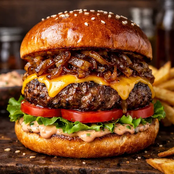 Hamburguesa de ternera con cebolla caramelizada y salsa especial