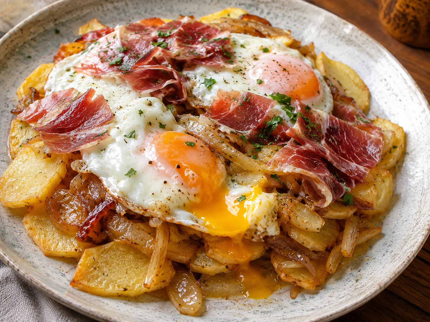 Huevos rotos con jamón ibérico y cebolla caramelizada
