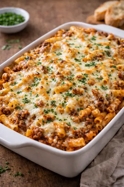 Macarrones al horno con carne y queso gratinado dorado