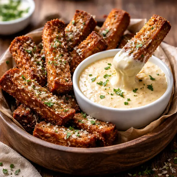 Pan frito con ajo y salsa cremosa de queso