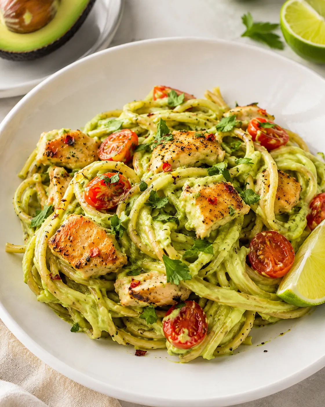 pasta cremosa de aguacate con pollo, lima y tomates cherry