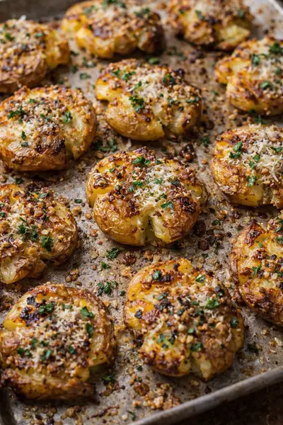Patatas aplastadas al horno crujientes con queso parmesano y ajo