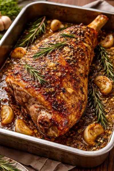 Pierna de cordero al horno jugosa marinada con ajo, romero y mantequilla