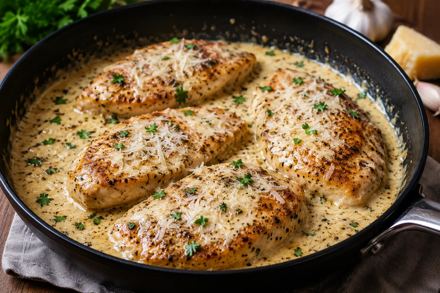 Pollo al ajo y parmesano en salsa cremosa