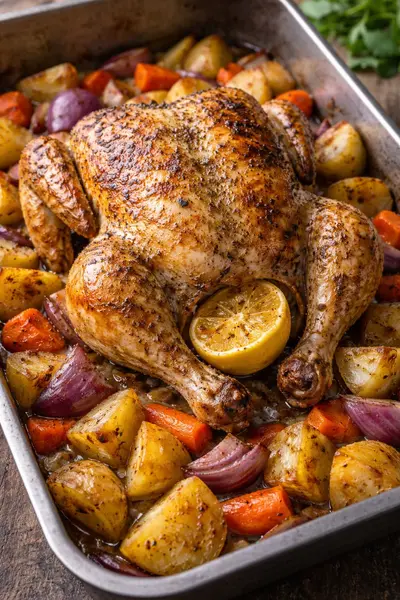 Pollo al horno jugoso con patatas y verduras asadas doradas