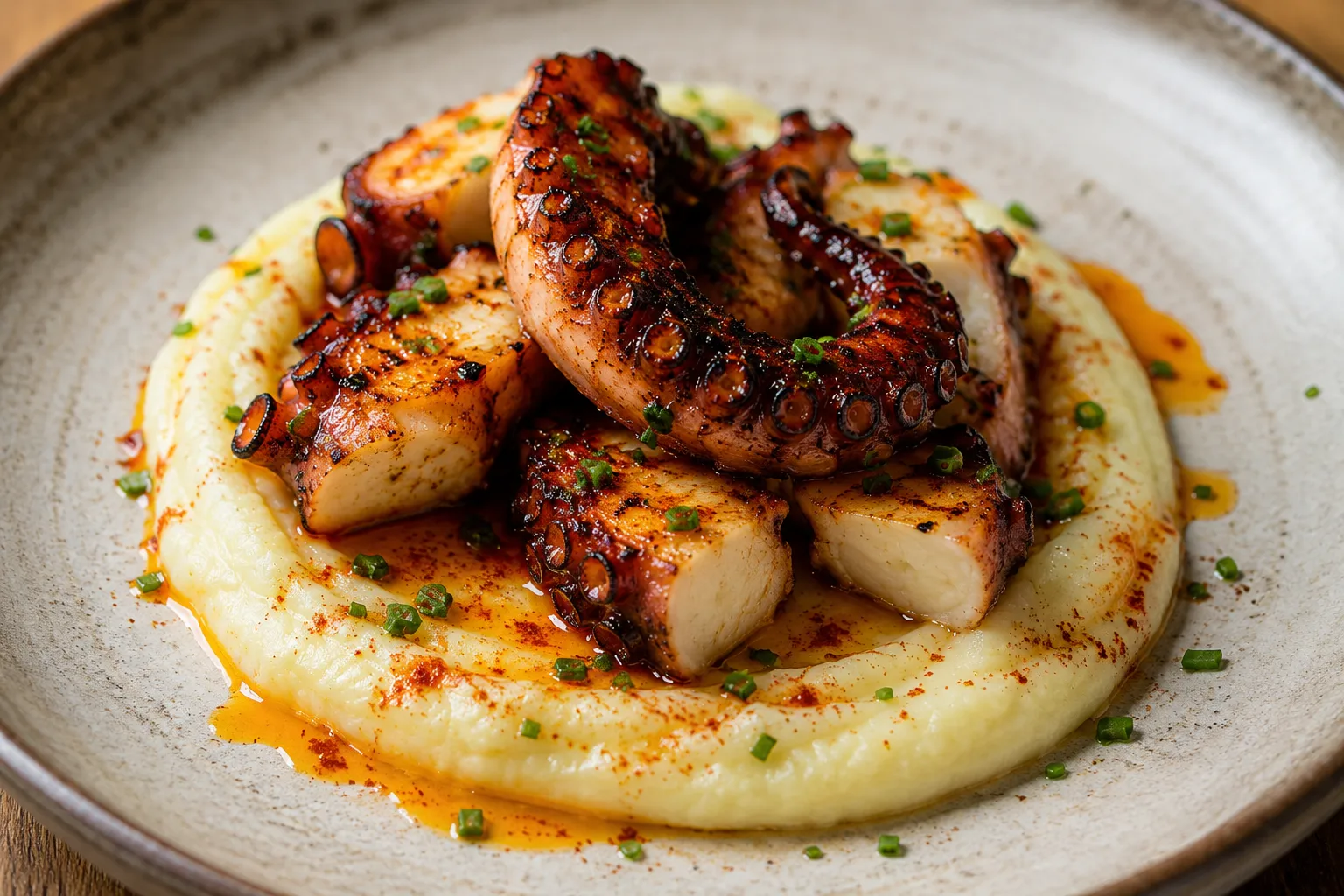 Pulpo a la brasa sobre parmentier de patata trufada y aceite de pimentón