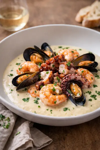 Pulpo con gambas y mejillones en crema suave de ajo y vino blanco