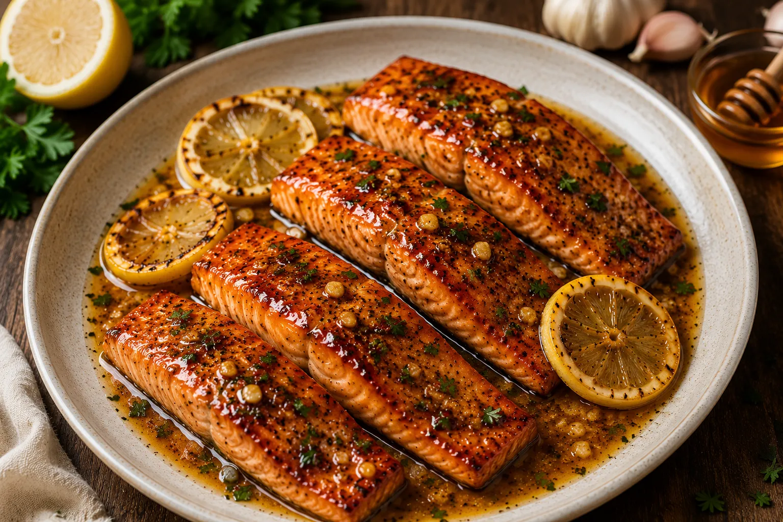 Salmón glaseado con miel, ajo y limón