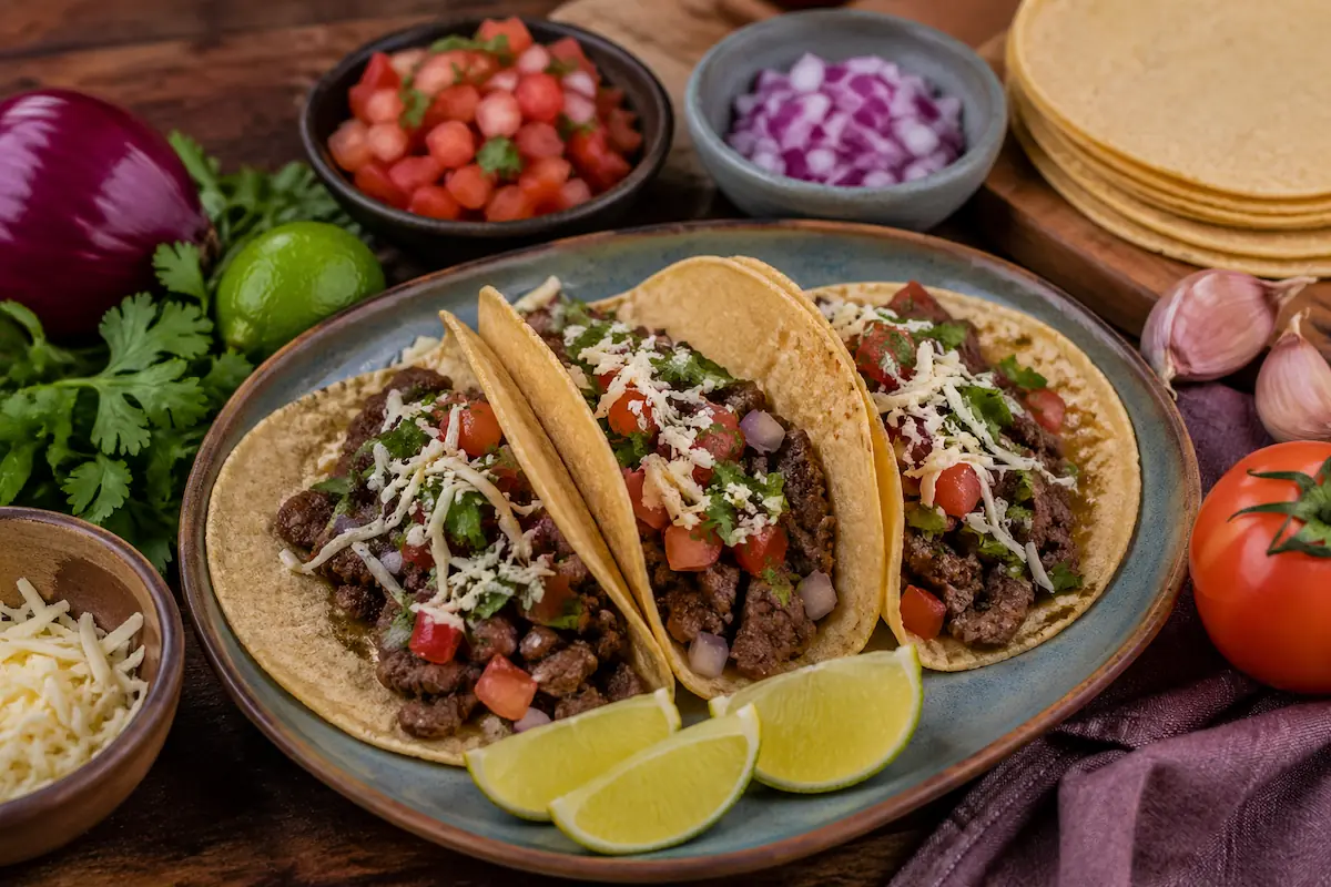 tacos mexicanos caseros de carne jugosa con cilantro y lima