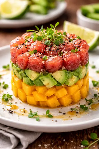 Tartar de atún gourmet con aguacate, mango y toque de lima